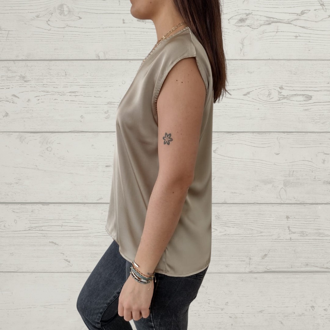 V-Neck Short Sleeve Back Button Blouse