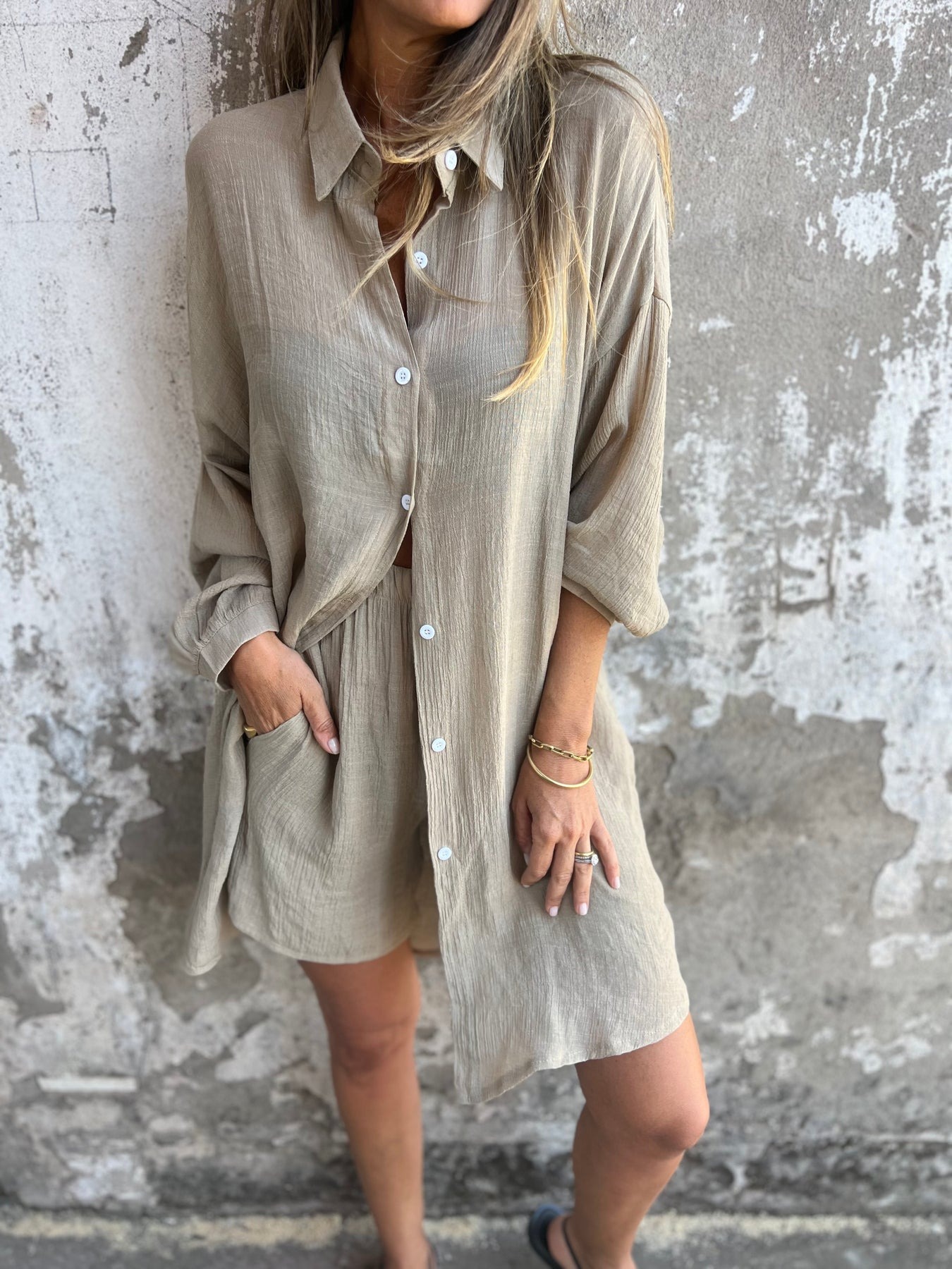 Solid Color Loose Shirt And Shorts Two-Piece Set