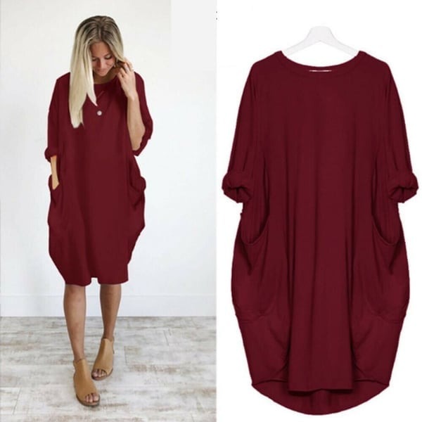 💝 Women Casual Loose Pocket Long Sleeves Dress