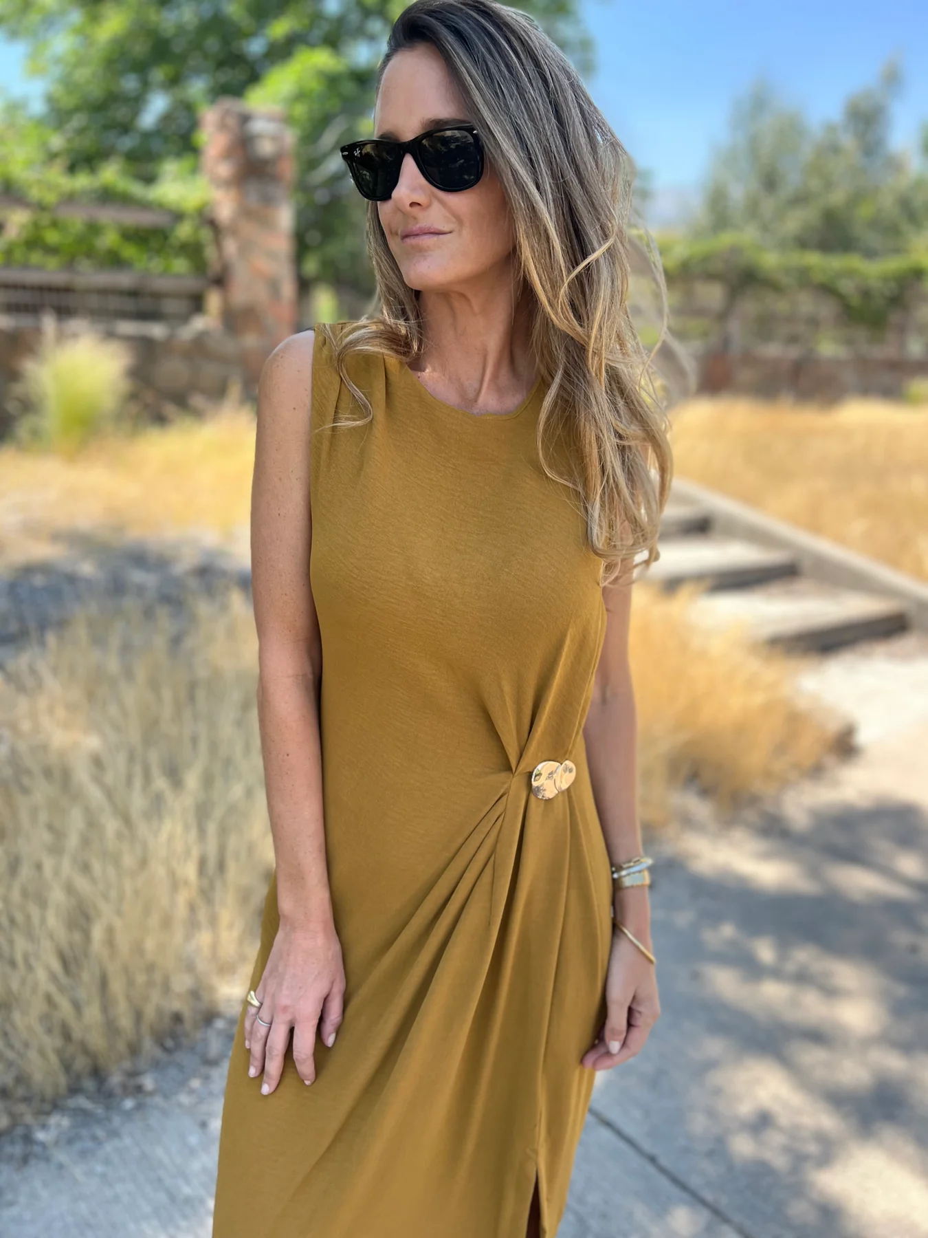 Metal Detail Shirred Waist Sleeveless Spilt Dress