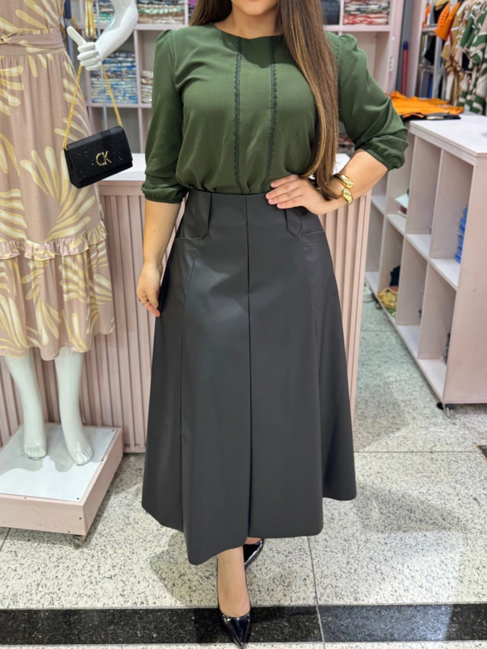 Faux Leather A-Line Midi Skirt And Lace Shirt Set