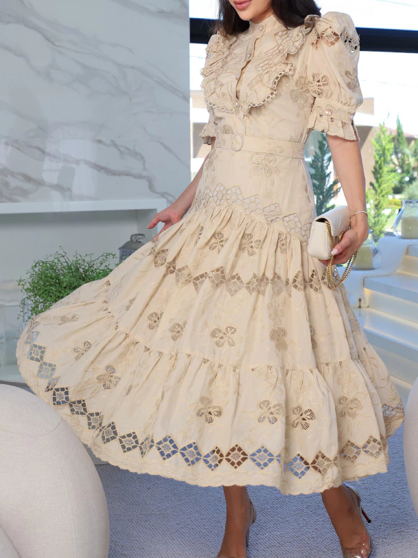 Puff Sleeves Embroidered Tiered Skirt Eyelet Midi Dress