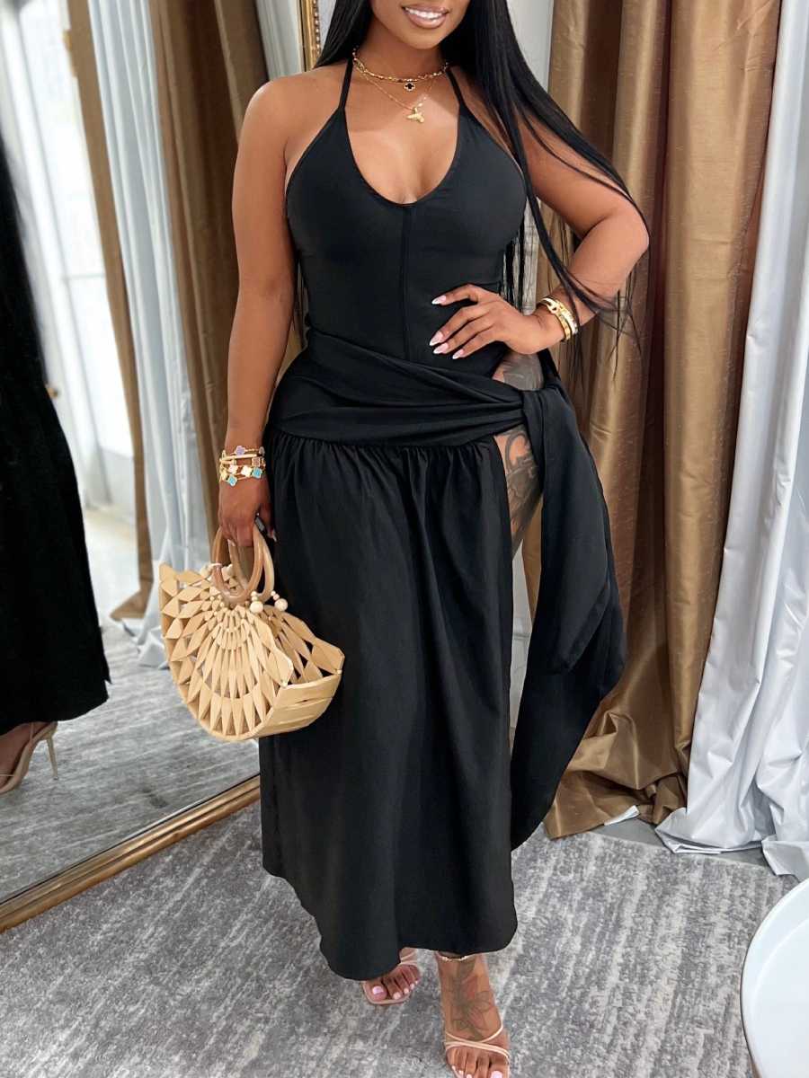 Women's Halter Neck Side Slit and Tie Waist Dress