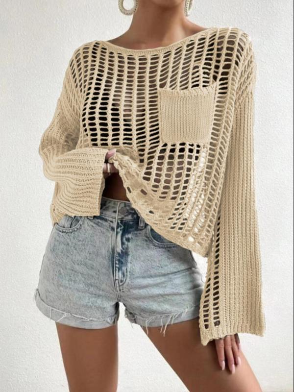 Solid Hollow Out Round Neck Casual Pocket Drop Shoulder Long Sleeve Jumper