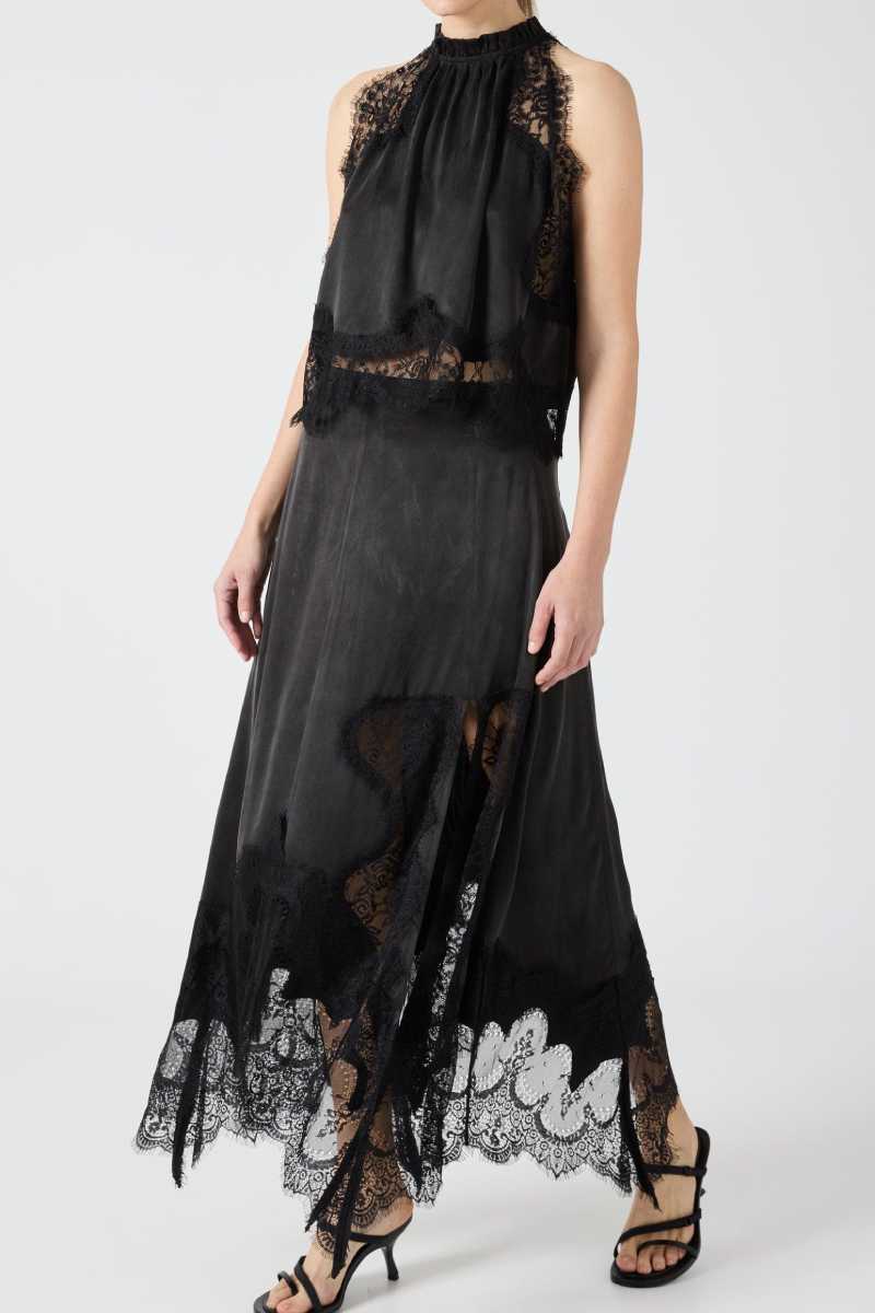 Lace Trim Midi Skirt Set with Sleeveless Halter Neck Top