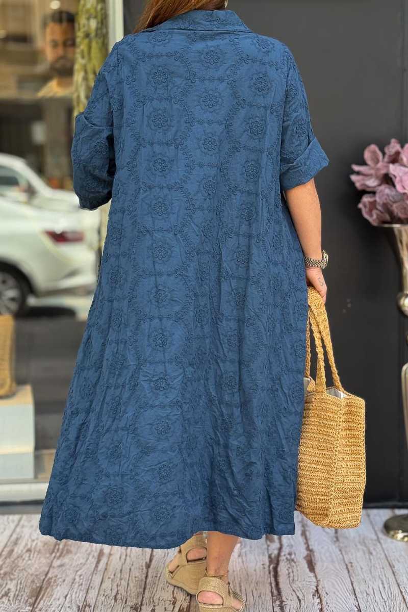 Embossed Floral Detailed Full Length Cotton Shirt Dress