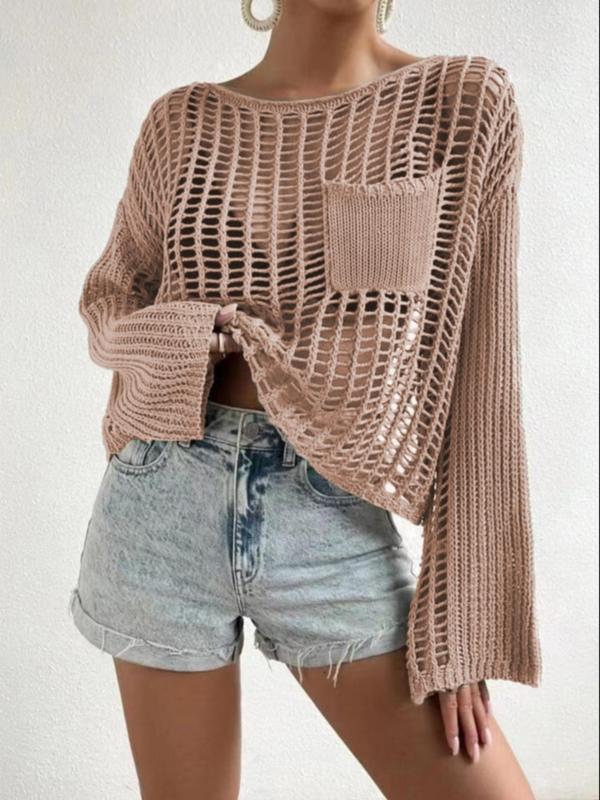 Solid Hollow Out Round Neck Casual Pocket Drop Shoulder Long Sleeve Jumper