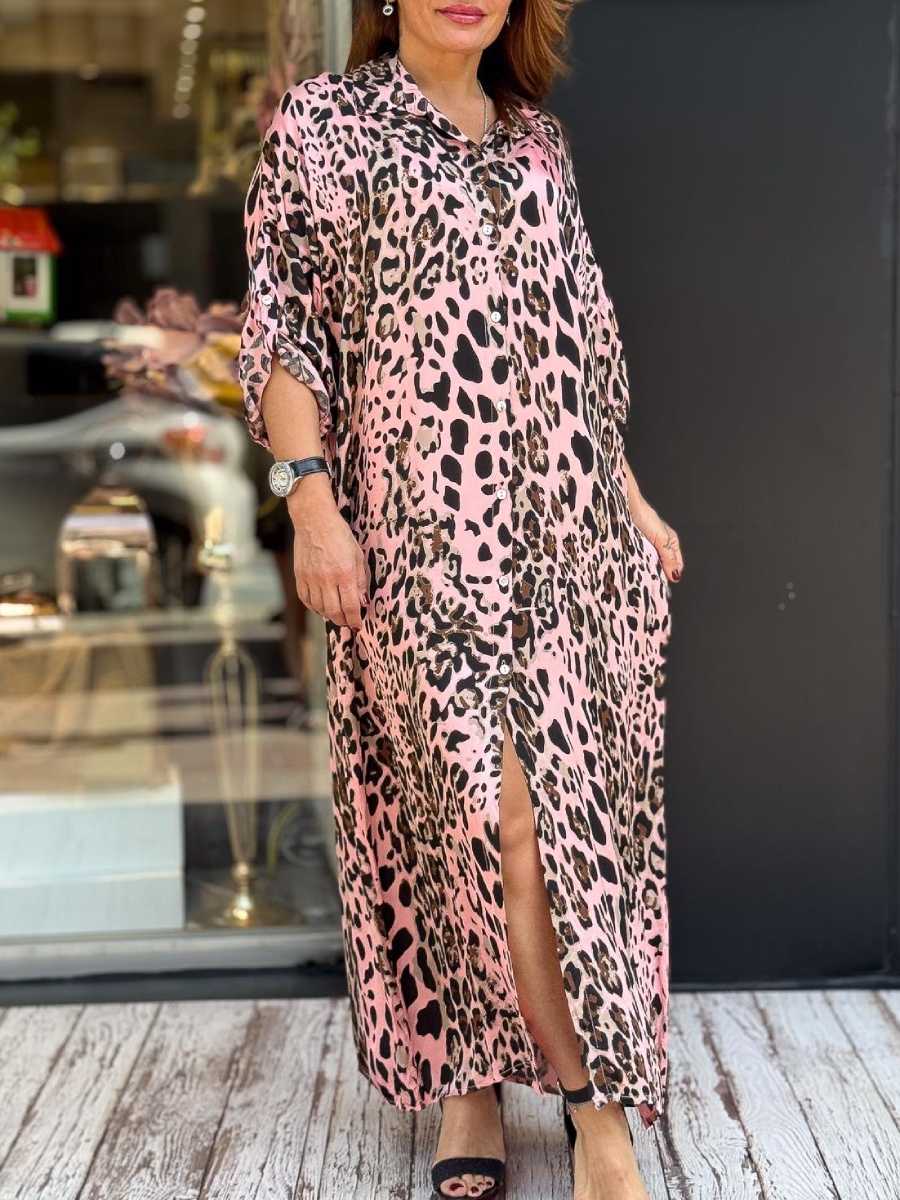 Leopard Print Satin Shirt Dress