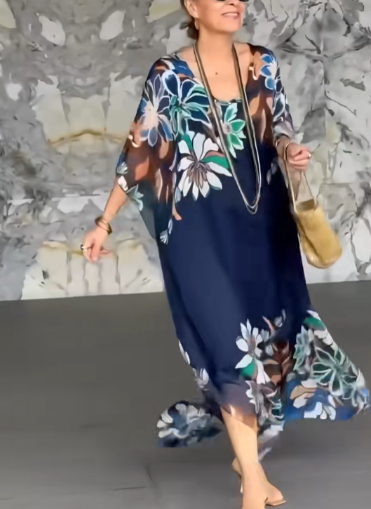 U-Neck Printed Split Maxi Dress