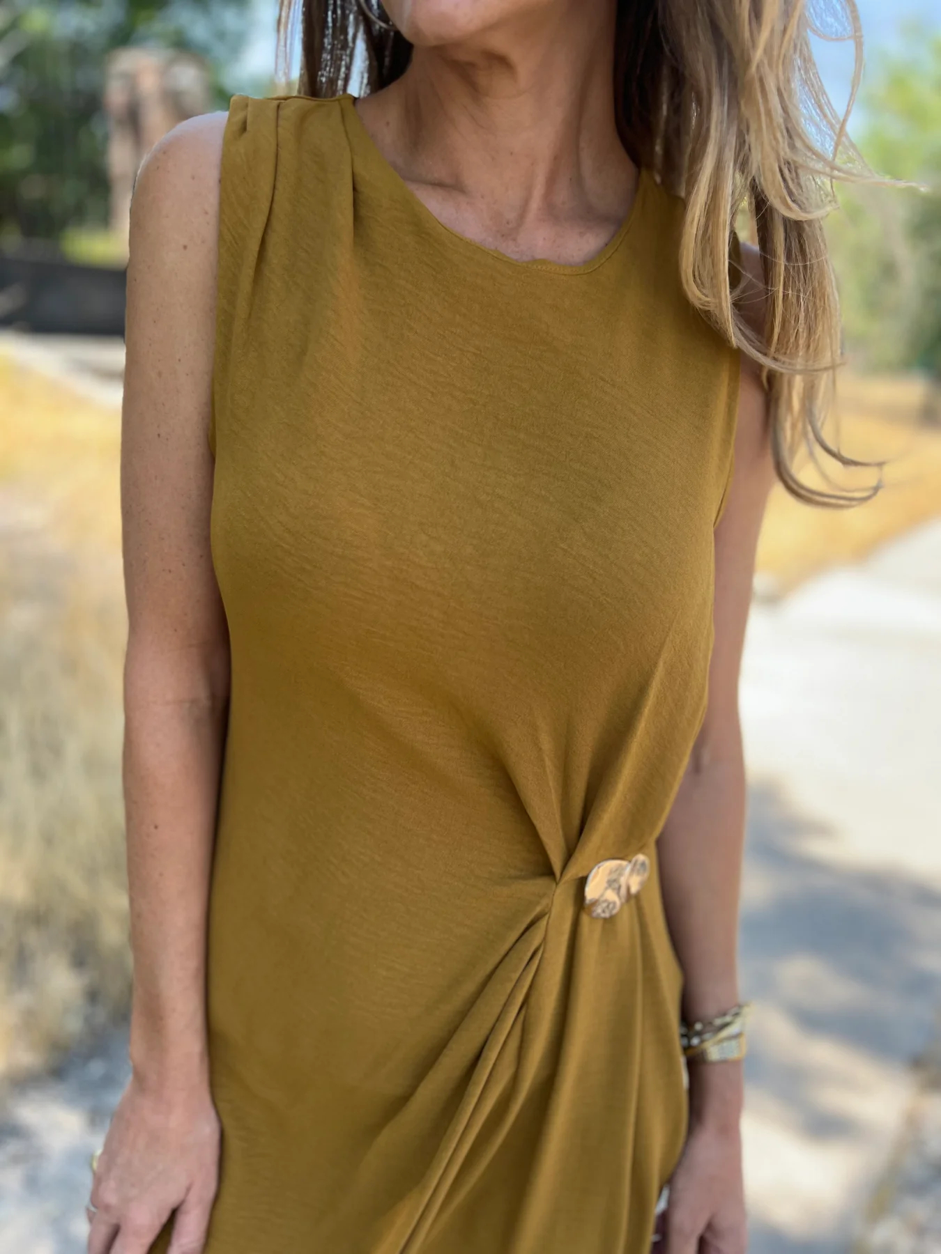 Metal Detail Shirred Waist Sleeveless Spilt Dress