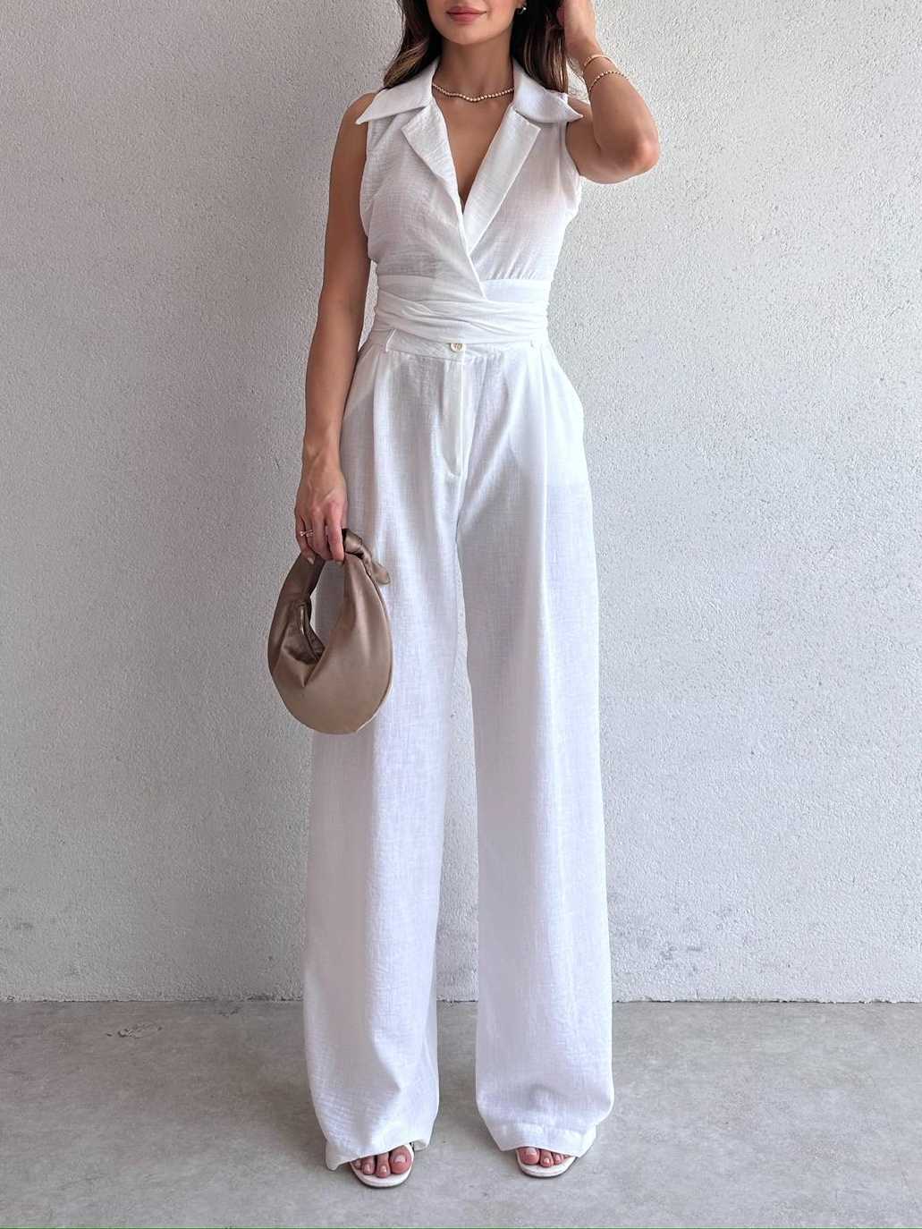 Sleeveless Wrap Top and Wide-Leg Pants Casual Suit
