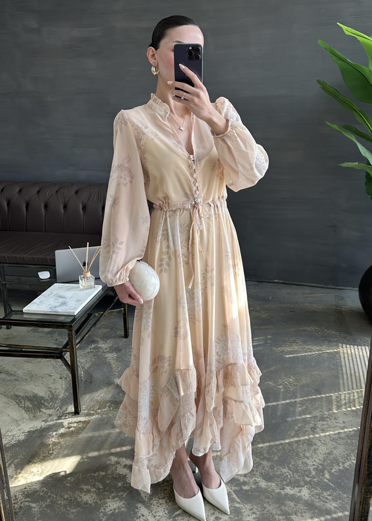 Floral Chiffon Maxi Dress with Asymmetrical Ruffle Hem