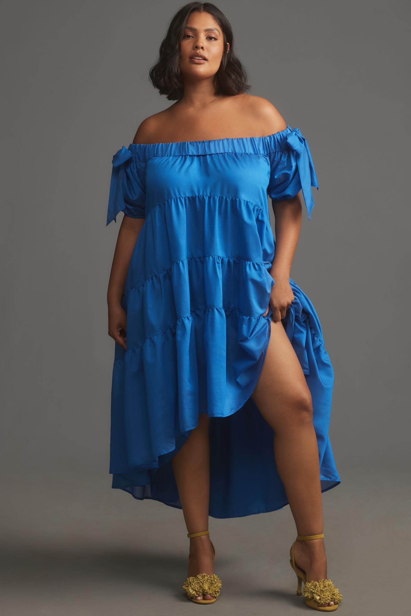 The-Shoulder Tiered High-Low Midi Dress