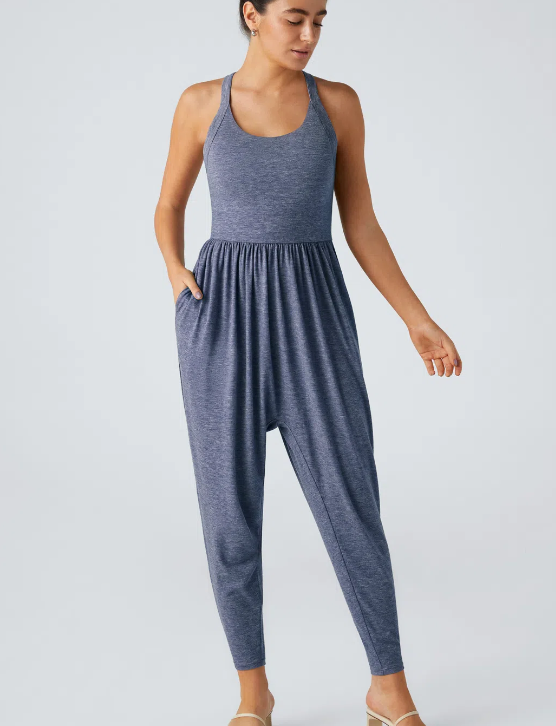Backless twisted U-neck side pocket harem casual jumpsuit