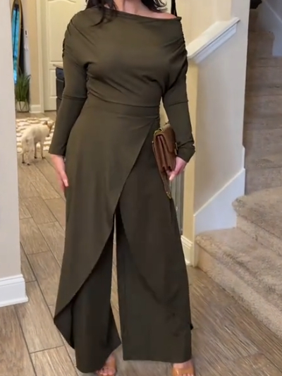Plain Ruched Wrap Split Hem Jumpsuit for Women