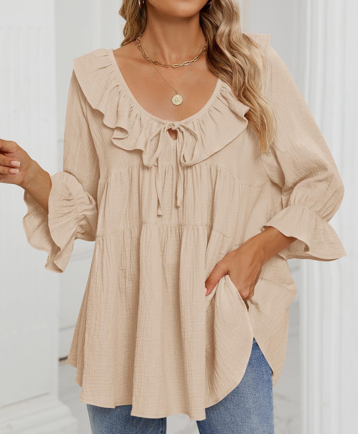 2025 New Women’s Scoop Neck 3/4 Length Sleeve Tie Front Ruffle Tiered Tunic Shirts(buy 2 free shipping!!!)