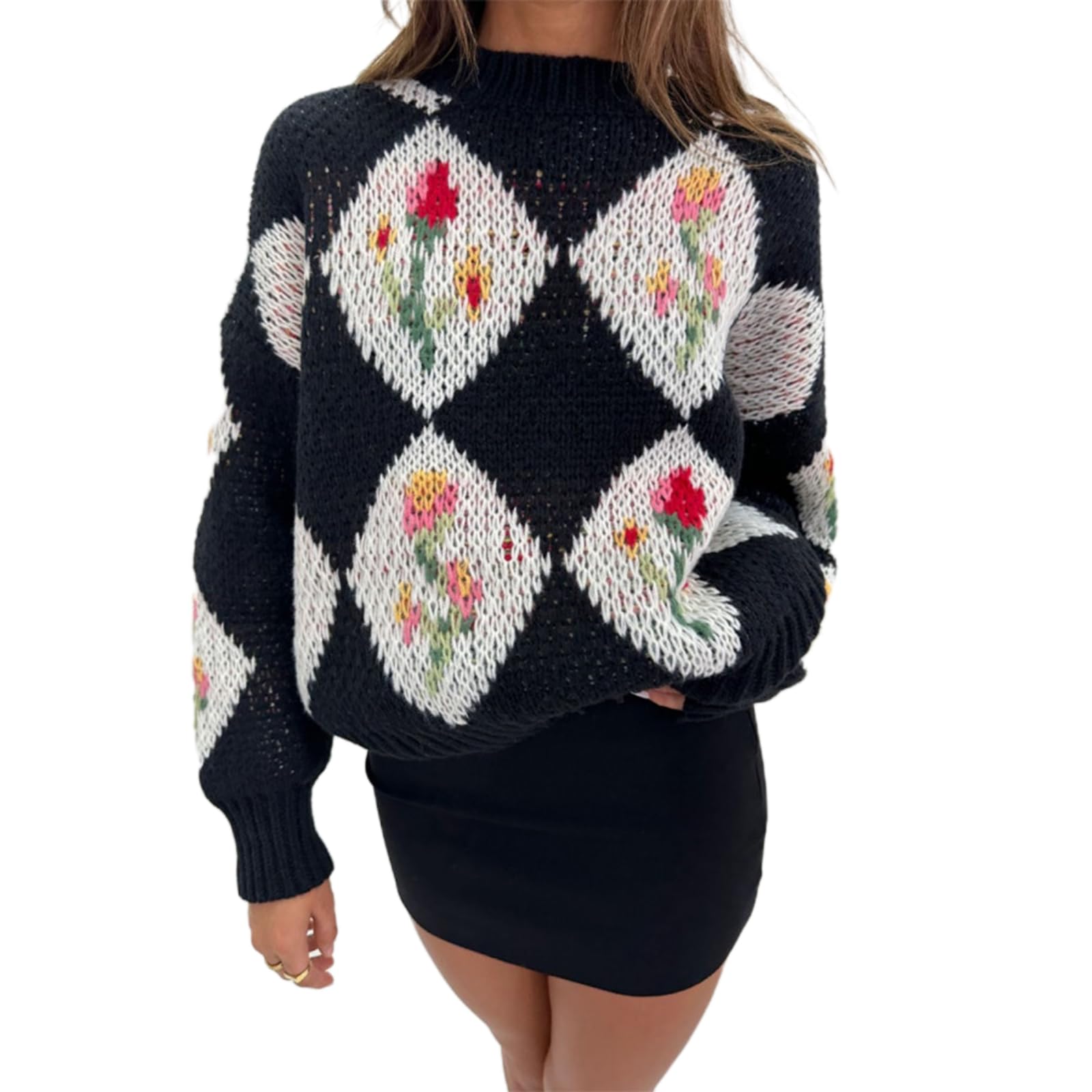  Women's Floral Printed Crewneck Knit Sweater