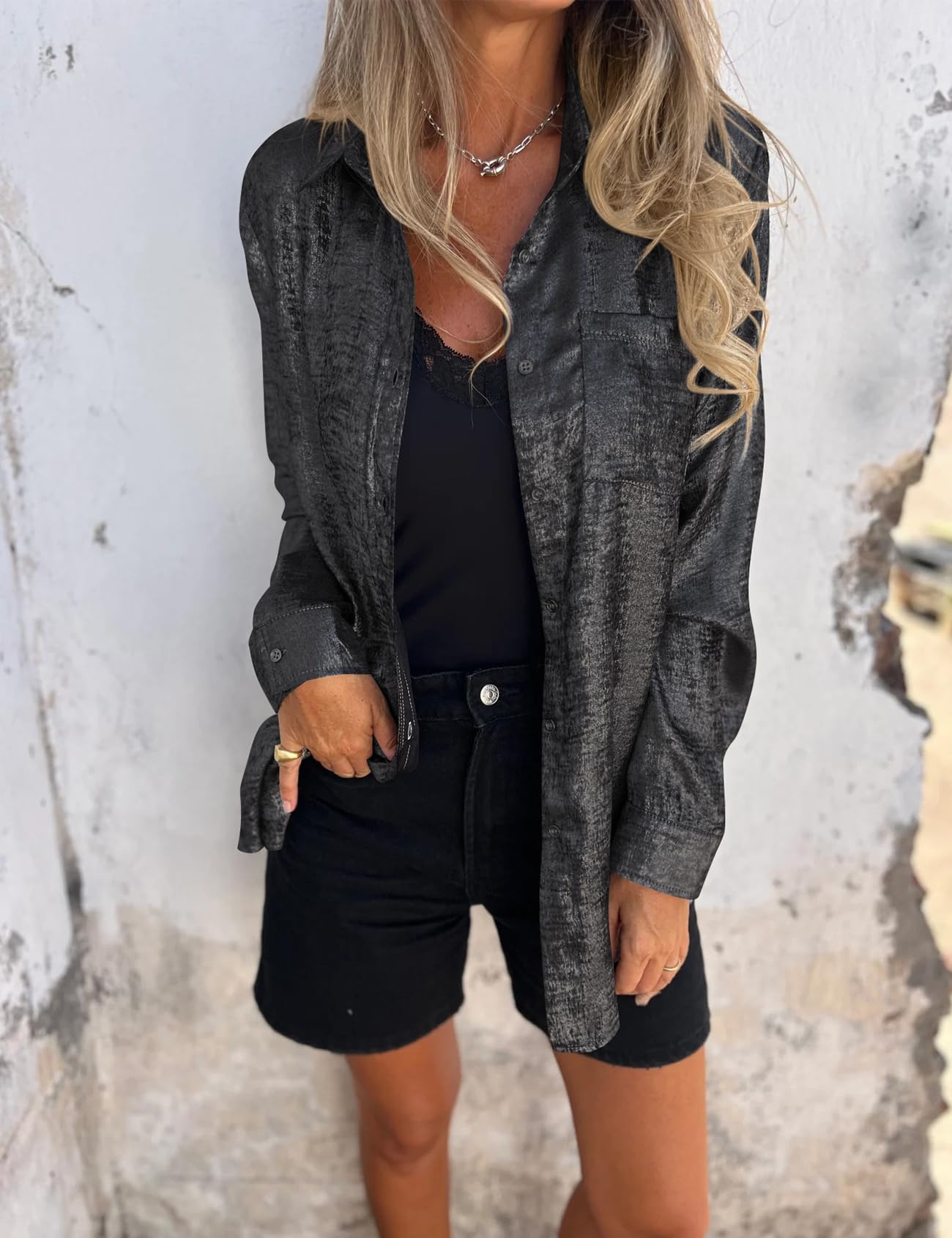 Metallic Button Down Shirts Long Sleeve Sparkly Blouse