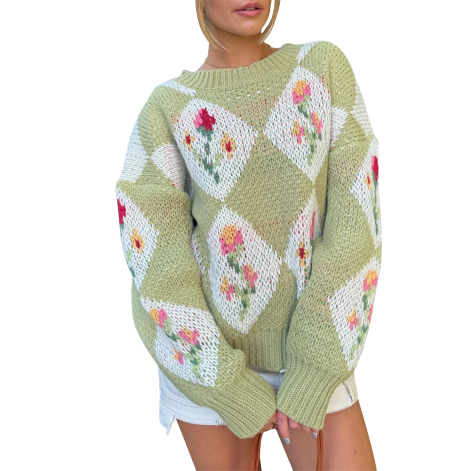  Women's Floral Printed Crewneck Knit Sweater