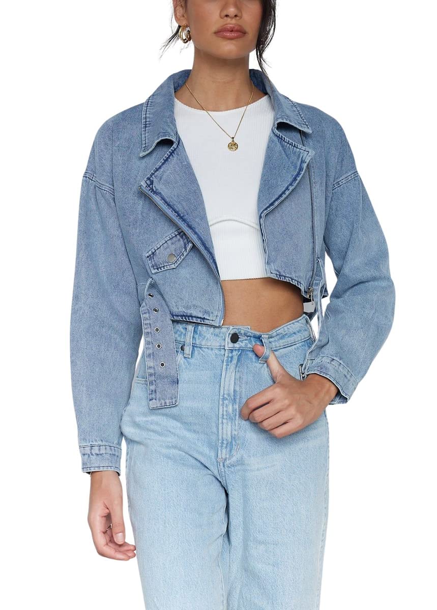 Zipper Belted Moto Denim Blazer Jacket