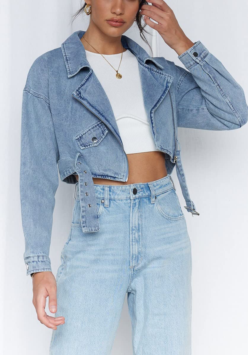 Zipper Belted Moto Denim Blazer Jacket