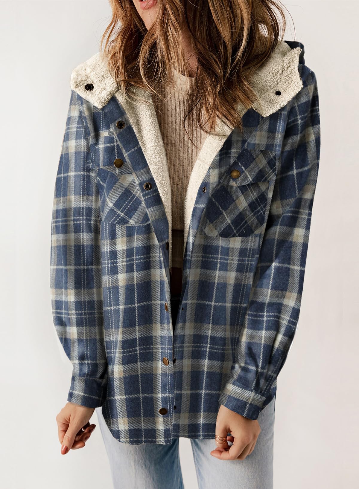 Women's Fall Thickened Flannel Long Sleeve Plaid Jacket Coat with Hood