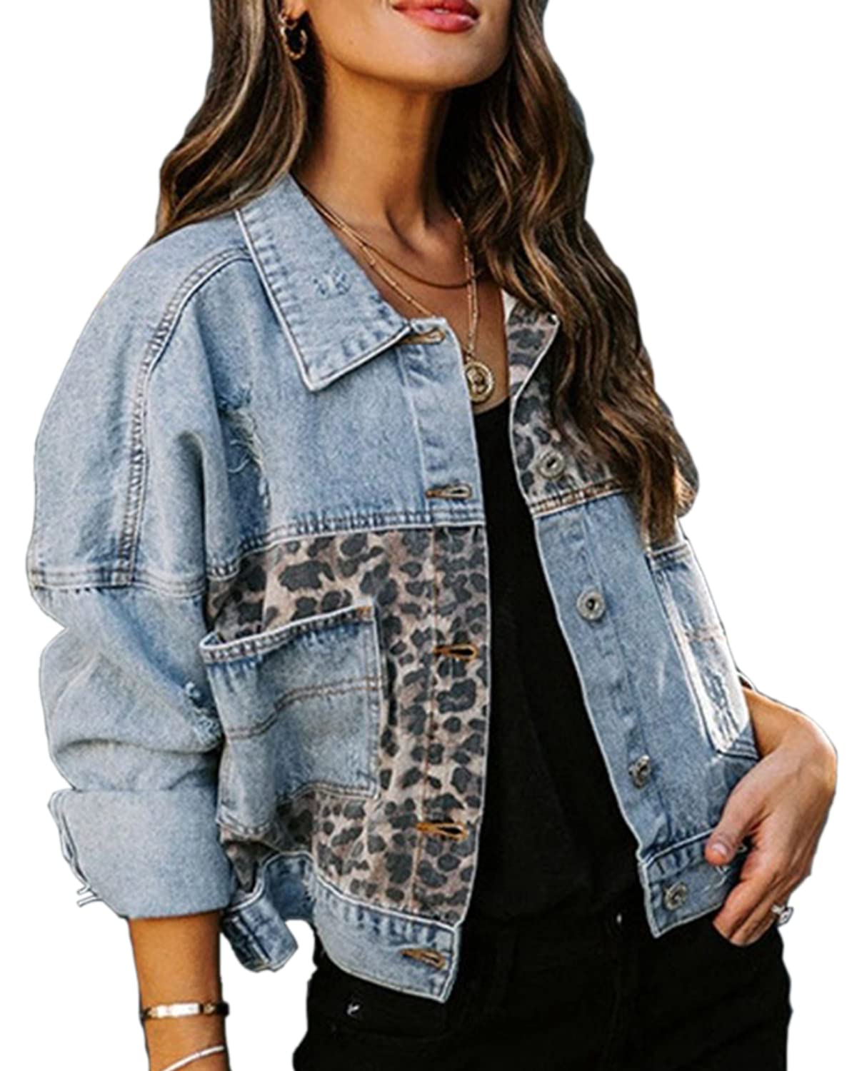  Womens Button Down Distressed Leopard Denim Jean Jacket
