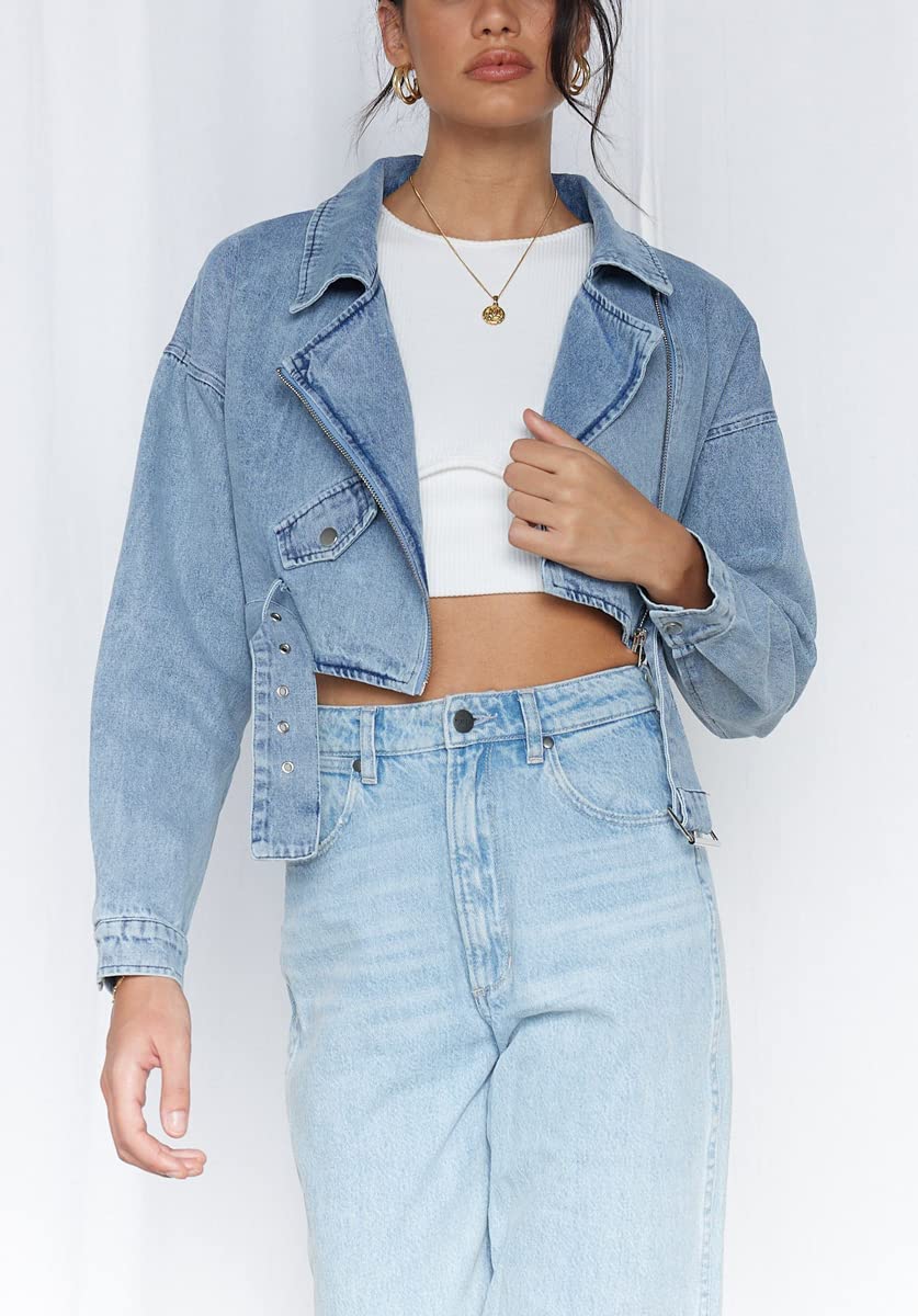 Zipper Belted Moto Denim Blazer Jacket