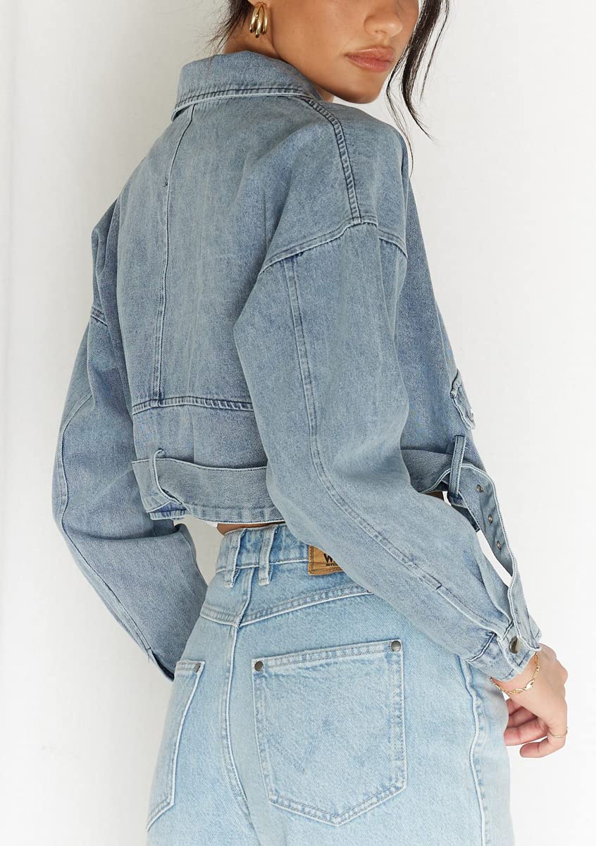 Zipper Belted Moto Denim Blazer Jacket