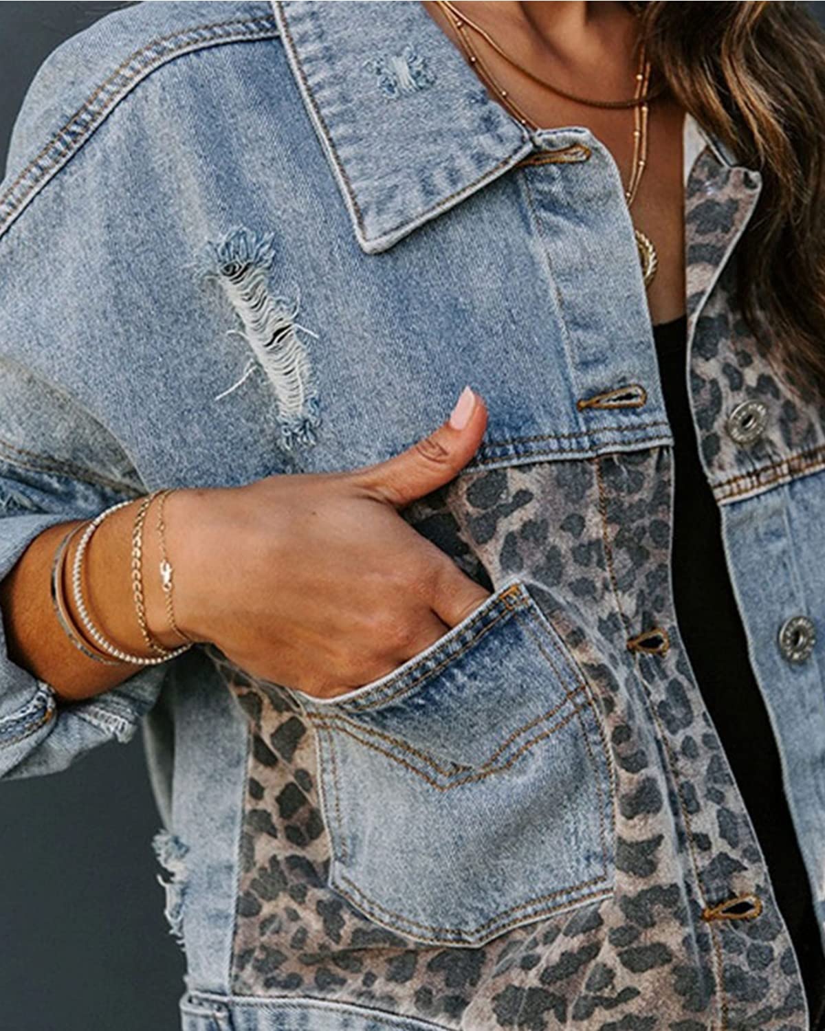  Womens Button Down Distressed Leopard Denim Jean Jacket