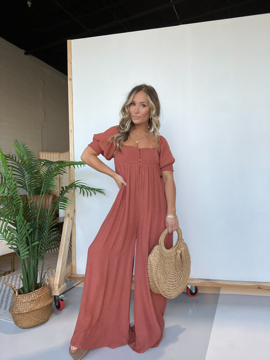 Square Neckline Jumpsuit with Smocked Bodice Button