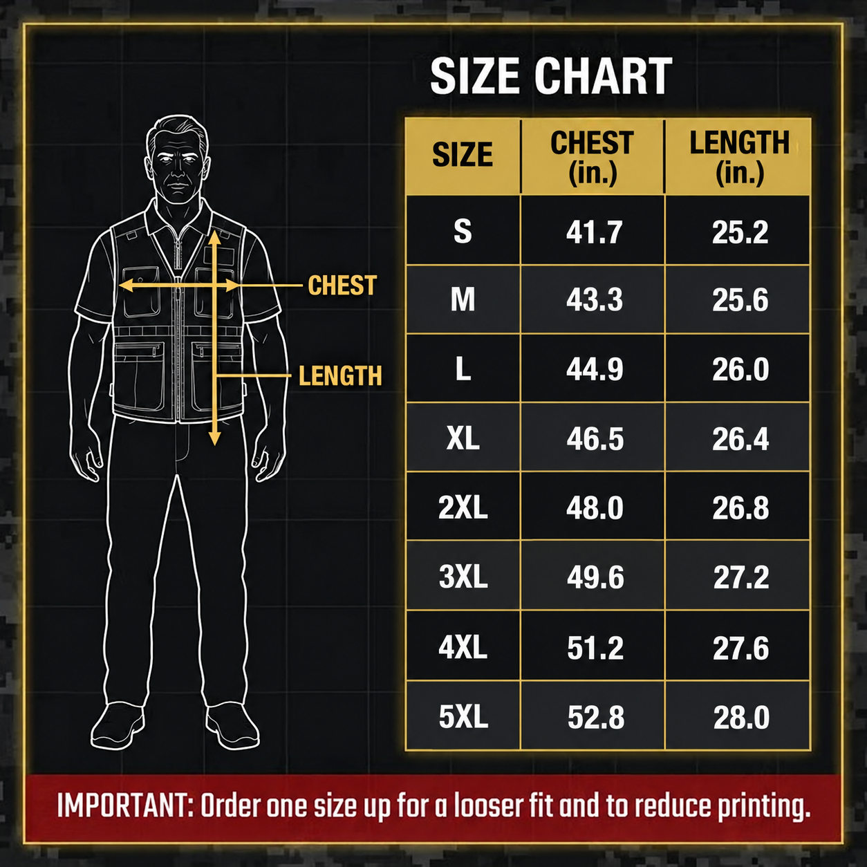 Phantom vest size chart showing chest and garment length measurements from S to 5XL