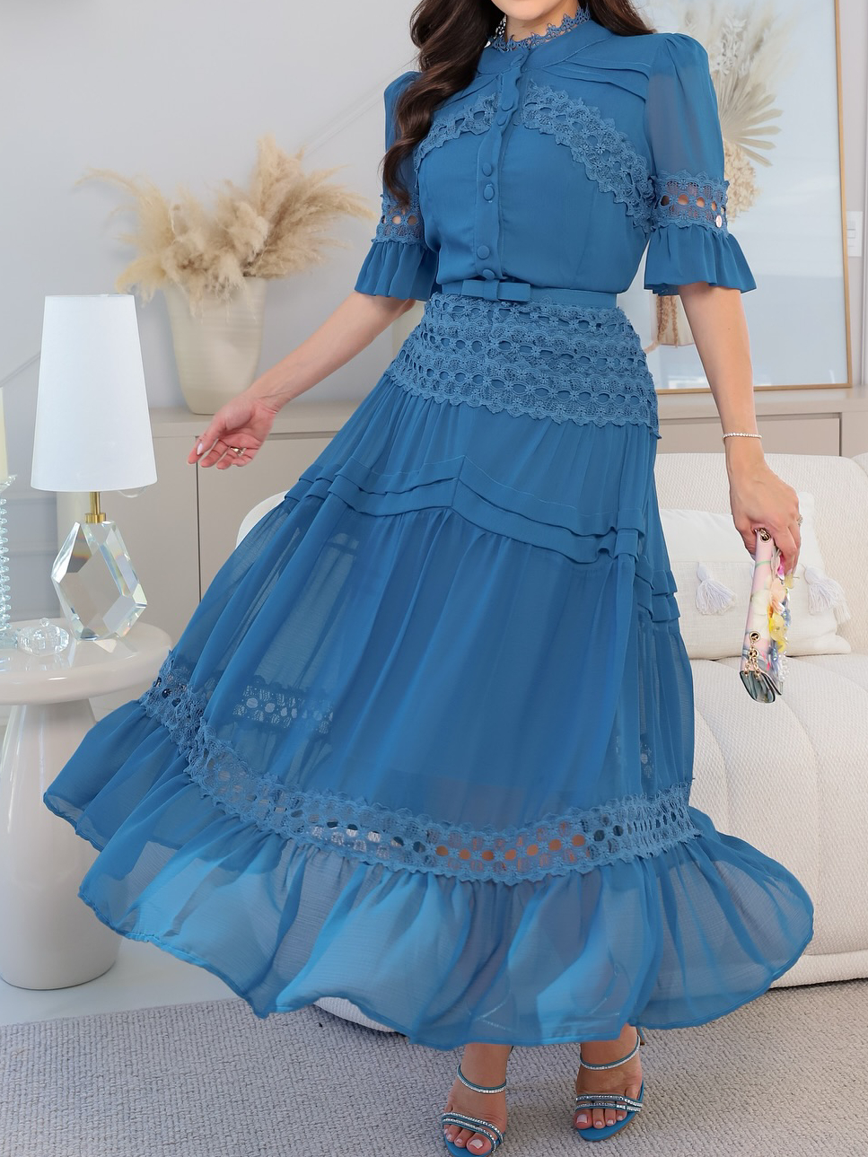 Flowy Chiffon Midi Dress with Delicate Lace Detailing