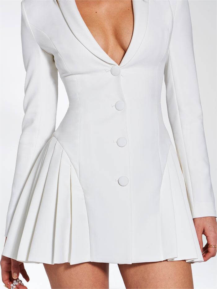 Pleated Detail White Blazer Dress