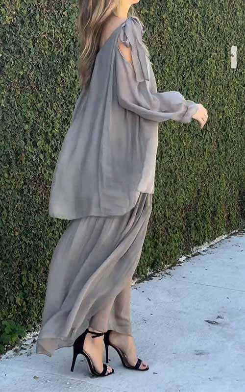 Women's Round Neck Solid Color Chiffon Two Piece Suit