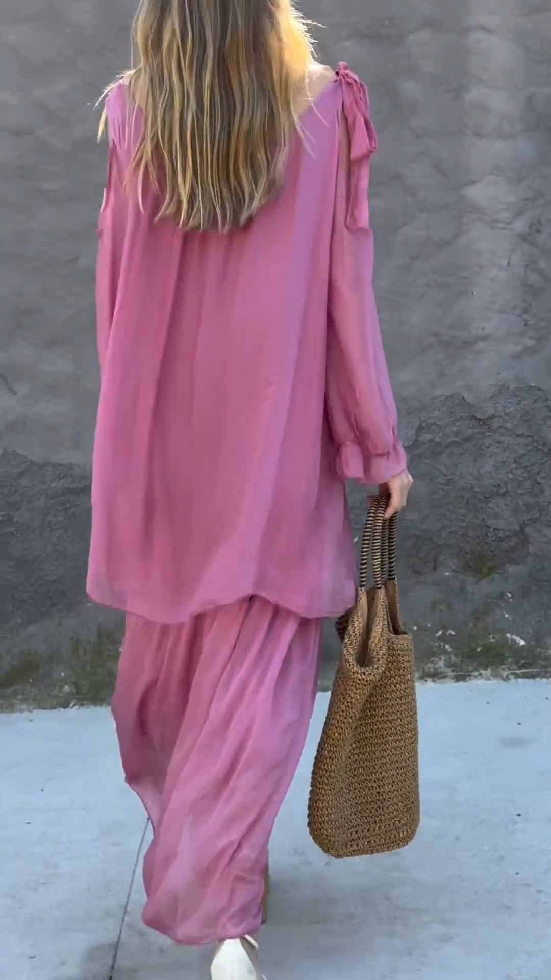 Women's Round Neck Solid Color Chiffon Two Piece Suit
