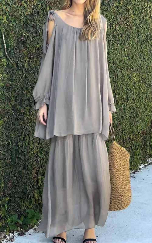 Women's Round Neck Solid Color Chiffon Two Piece Suit