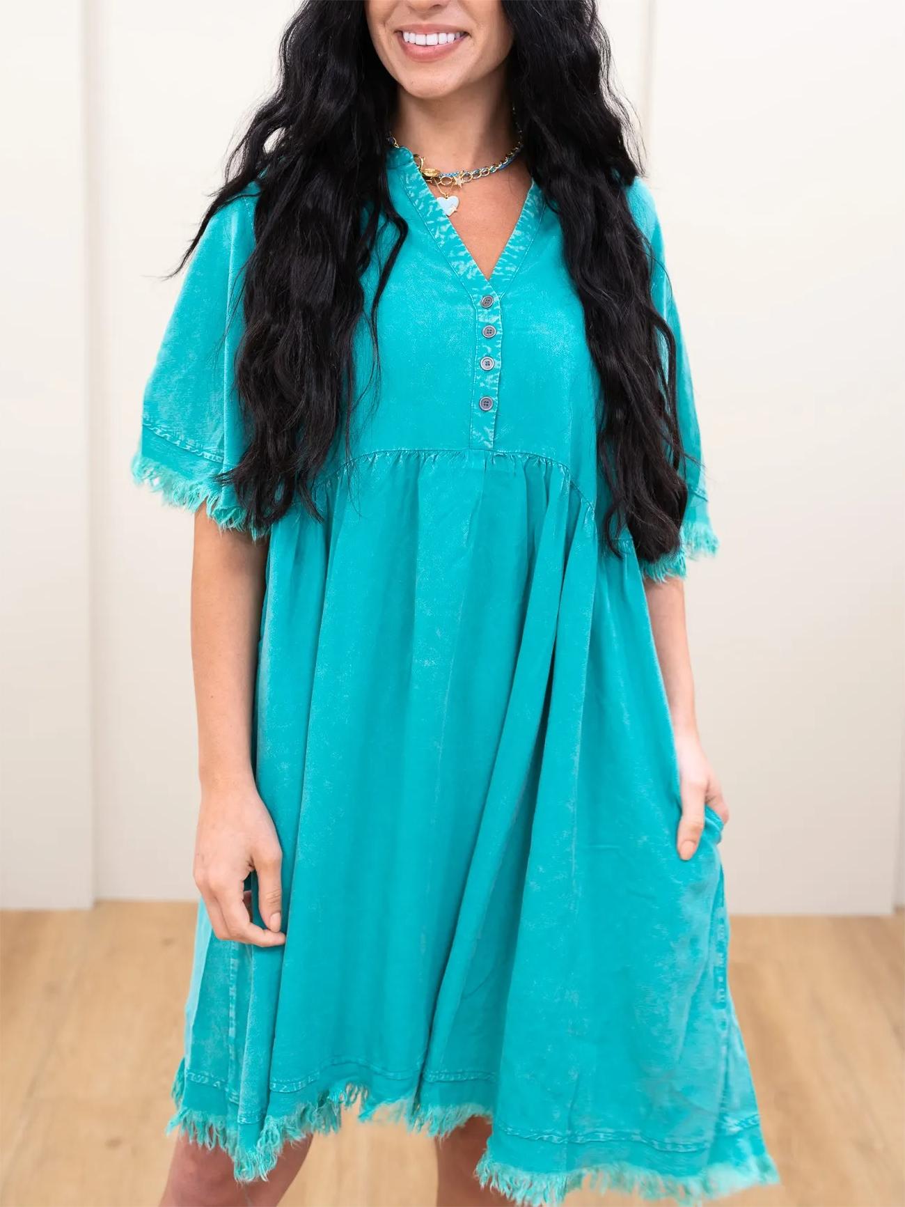 WOMEN'S SOFT RAW HEM CASUAL DRESS WITH BUTTON NECK(50% OFF🔥)