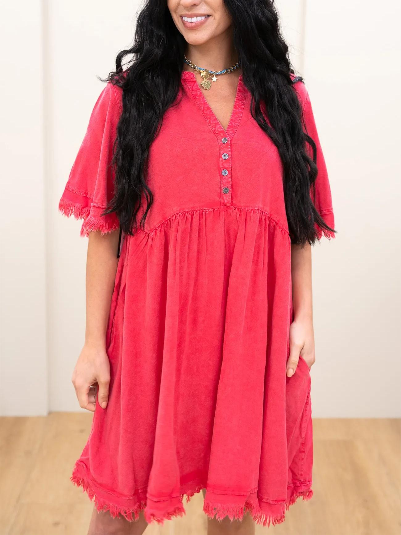 WOMEN'S SOFT RAW HEM CASUAL DRESS WITH BUTTON NECK(50% OFF🔥)