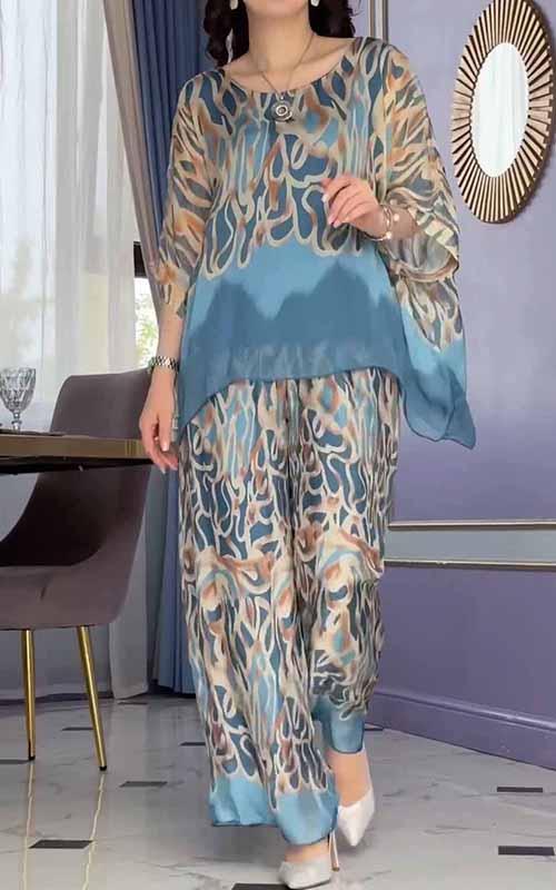 WOMEN'S ROUND NECK PRINTED CHIFFON SUIT