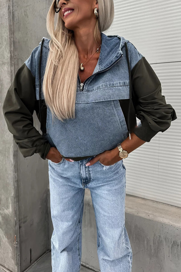Women's Hooded Denim Patchwork Sweatshirt Jacket