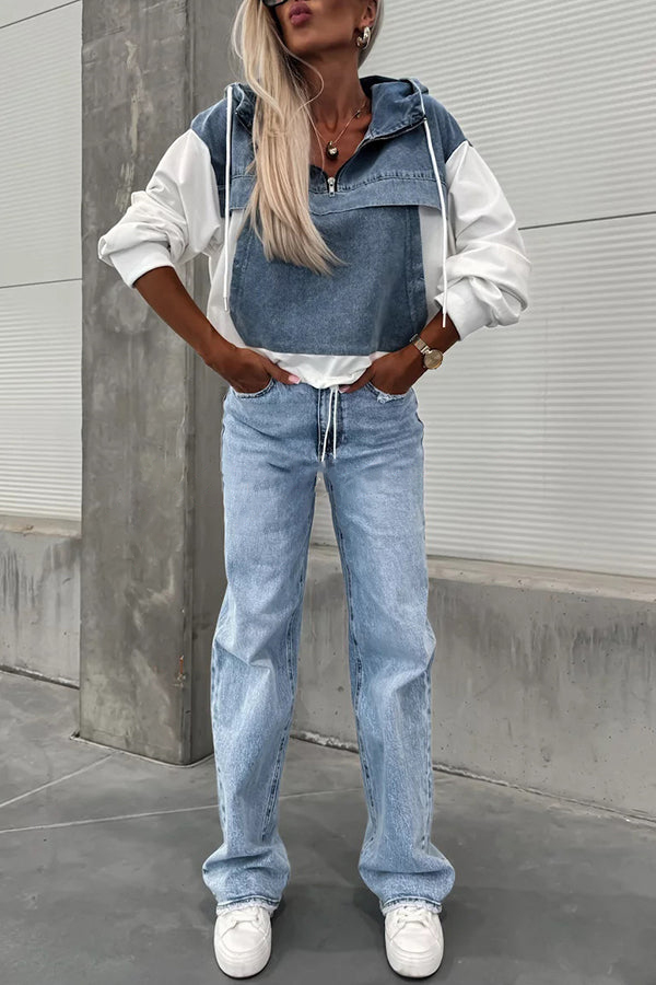 Women's Hooded Denim Patchwork Sweatshirt Jacket