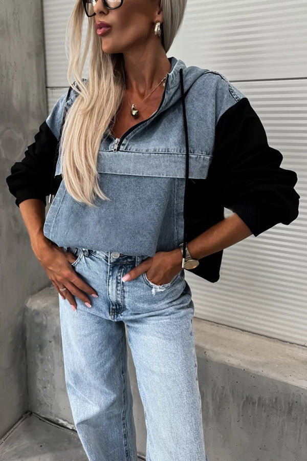 Women's Hooded Denim Patchwork Sweatshirt Jacket