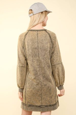 Washed Raglan Sleeve Casual Mini Dress