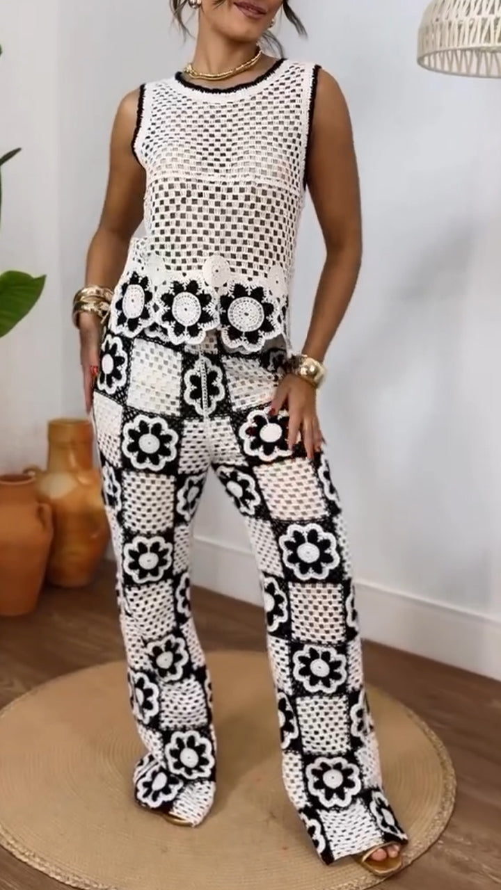 Round Neck Printed Hollow Knitted Casual Suit