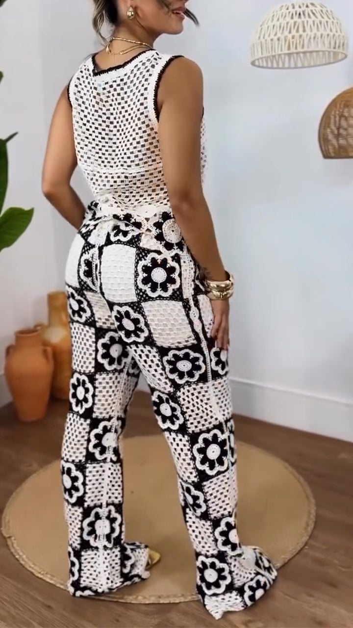 Round Neck Printed Hollow Knitted Casual Suit