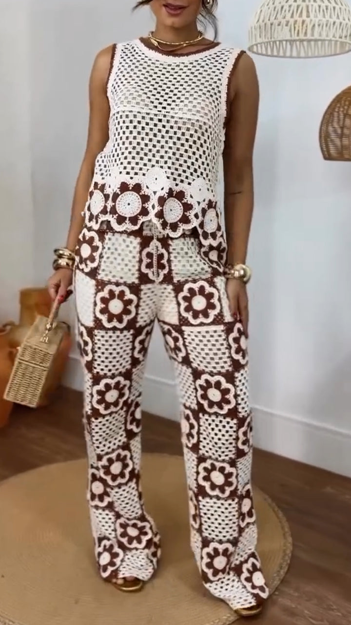 Round Neck Printed Hollow Knitted Casual Suit