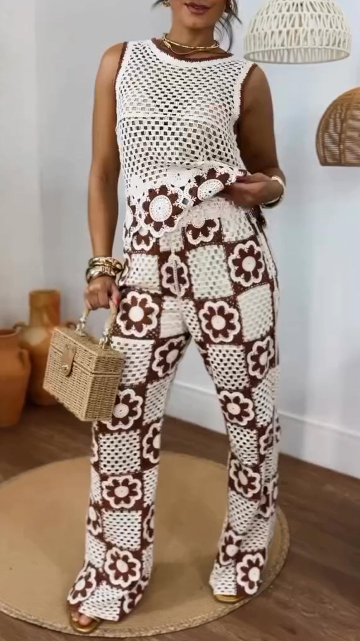 Round Neck Printed Hollow Knitted Casual Suit