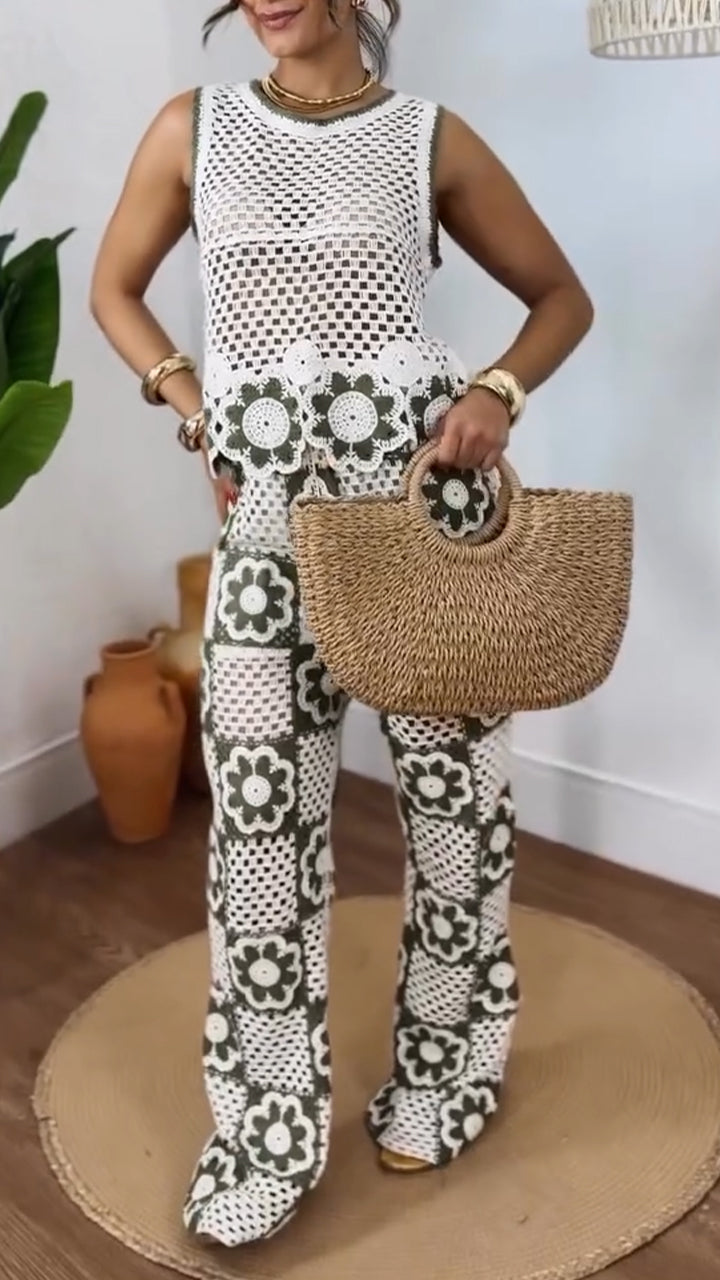 Round Neck Printed Hollow Knitted Casual Suit