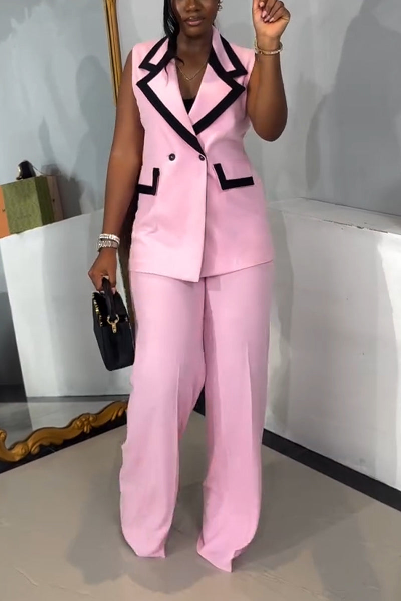 Sleeveless Contrast Color Blazer Suit